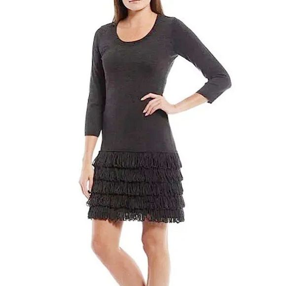Calvin Klein Dark Grey Fringe 3/4 Sleeve Scoop-neck Bodycon Sweater Dress - Picture 2 of 11